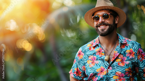 A man in a hawaiian shirt and Hat