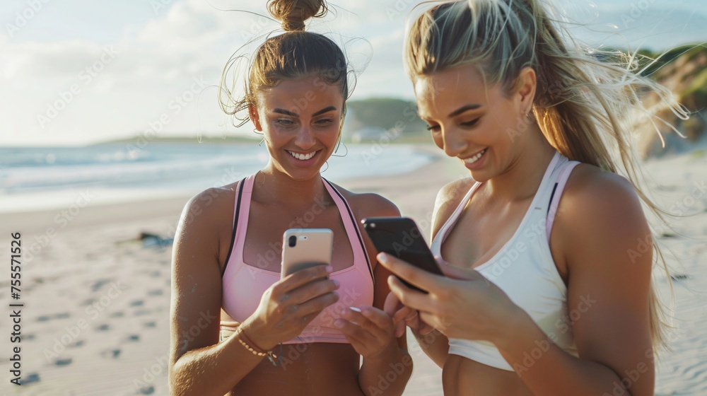Couple Fit woman in sportswear sitting on a beach promenade, checking ...
