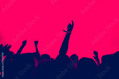 Rear view of crowd of people with arms outstretched at concert