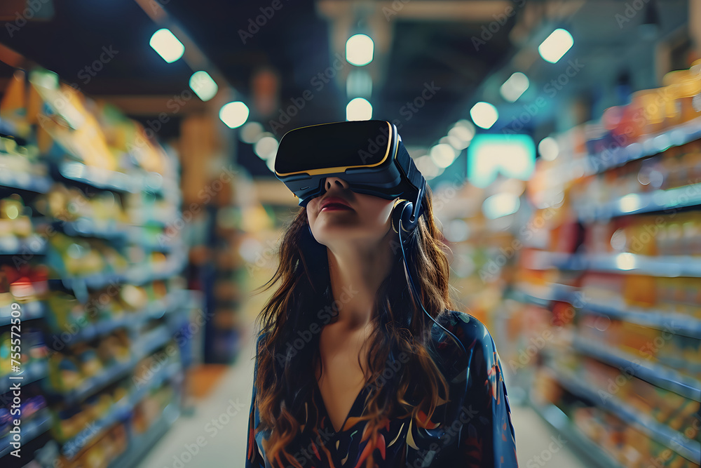 Virtual Retail Therapy: Elegant Woman Shopping at a Supermarket with VR Headset Virtual Retail Therapy: Elegant Woman Shopping at a Supermarket with VR Headset