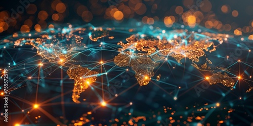 An abstract world map, the idea of a global network and connectivity, global business, information exchange, and telecommunication, as well as international data transfer and cyber technology