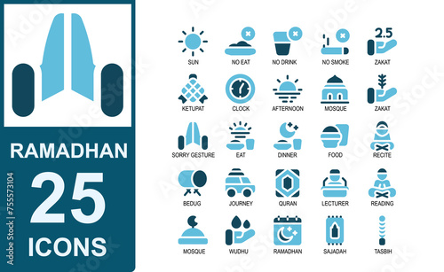 ramadan icon set.duotone style.contains charity, fast, giving, human,ketupat,hours,breaking the fast,afternoon,mosque.