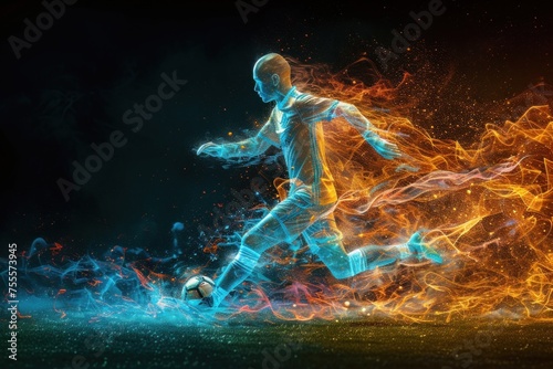Man Kicking Soccer Ball on Field. Generative AI