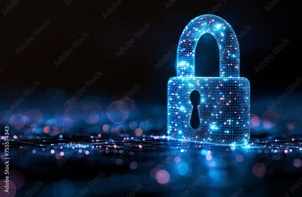 Abstract blue padlock shape made of lines and dots on a dark background concept for online security, data protection, or business technology in the low poly style. Abstract blue padlock shape made of lines and dots on a dark background concept for online security, data protection, or business technology in the low poly style.
