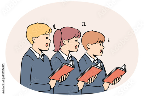 Small children with books sing in school choir together. Little schoolchildren with textbooks perform on stage. Musical hobby and performance. Vector illustration.