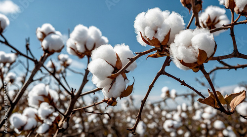 Many branches of ripe cotton growing on field. Organic cotton plant on sky background