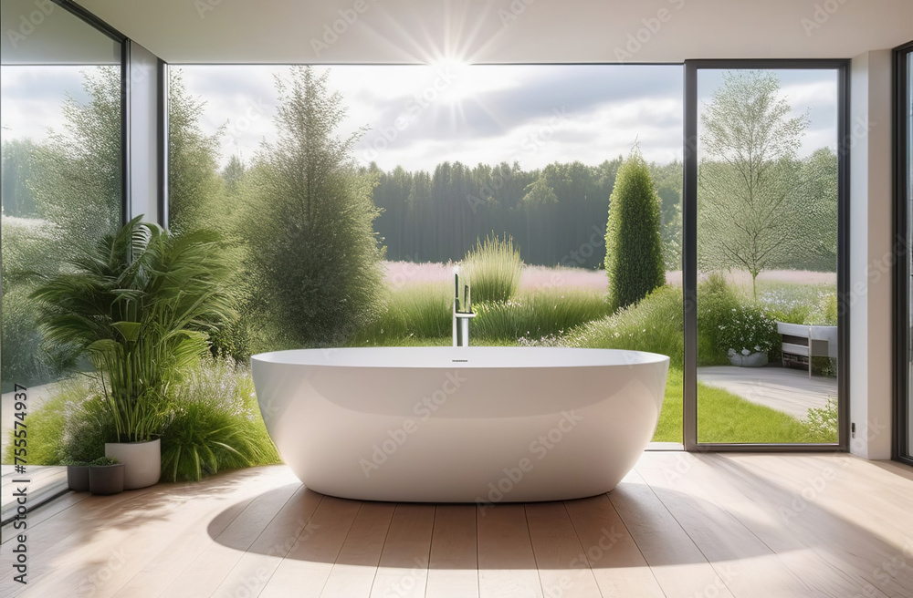 Fototapeta premium elegant modern stylish bathroom with bath tub, big windows with natural view