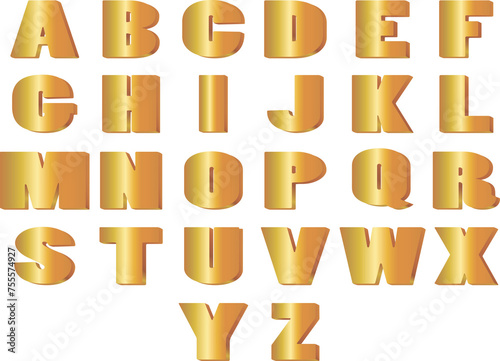 English golden alphabet. Volumetric letters. Golden gradient. 