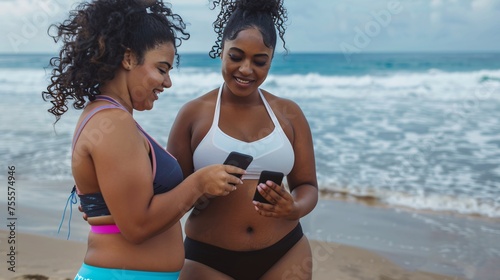 Couple Fit woman in sportswear sitting on a beach promenade, checking her fitness progress on her phone and smiling. Woman engaging in a beach workout and enjoying a healthy lifestyle outdoors near th