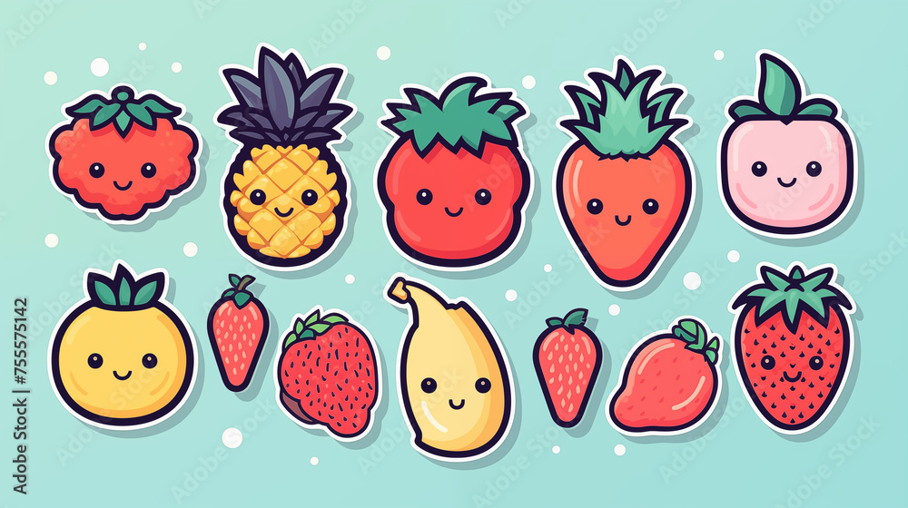 Illustration de lot de petits stickers fruits et légumes. Dessin mignon, kawaii. Fond coloré, pour conception et création graphique. - obrazy, fototapety, plakaty 