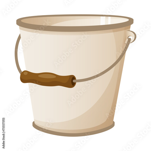 Cartoon metal bucket with wooden handle for gardening, home cleaning, agriculture. Garden tools. Clipart bucket on a white background, for an element of stickers, for cards