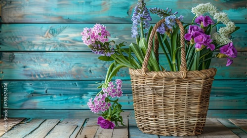 Fashionable straw bag filled with hyacinth and carnation flowers, signifying the season