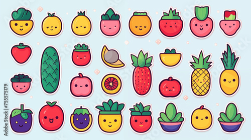 Illustration de lot de petits stickers fruits et légumes. Dessin mignon, kawaii. Fond coloré, pour conception et création graphique.