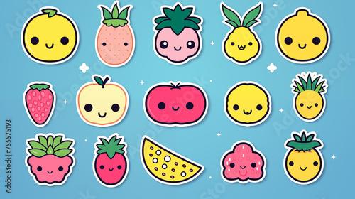 Illustration de lot de petits stickers fruits et légumes. Dessin mignon, kawaii. Fond coloré, pour conception et création graphique. photo