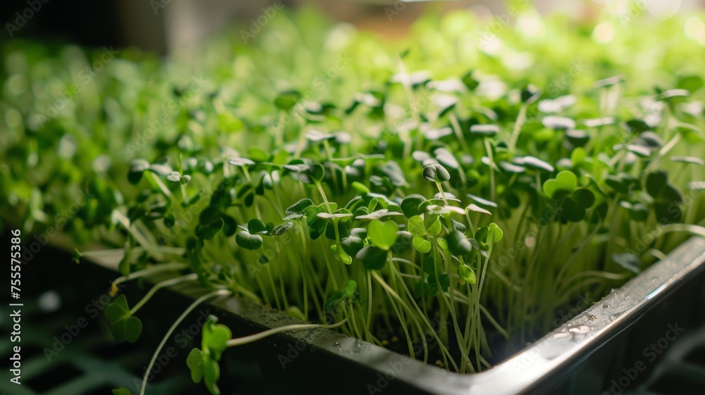 Macro photo of green sprouts growing in the box