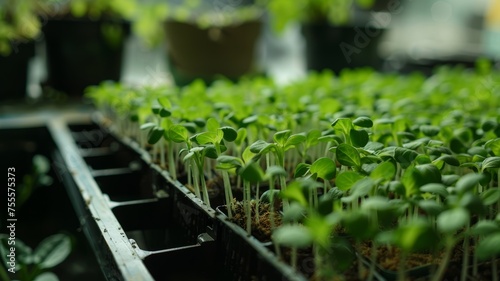 Macro photo of green sprouts growing in the box