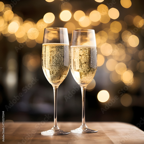 Luminous Champagne Glasses Toasting in a Celebratory Setting: A reflection of Sophistication and Joy