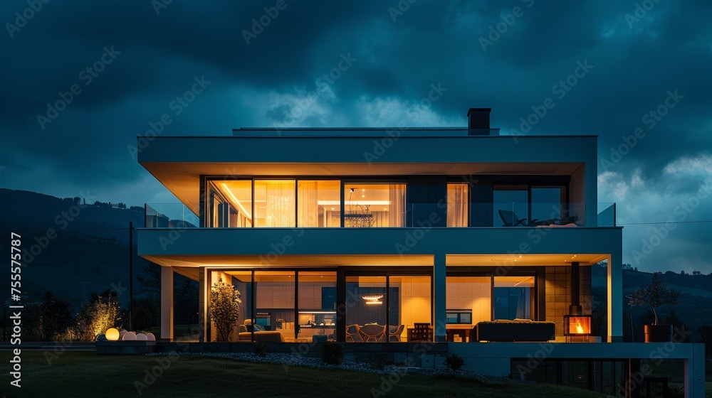 Nighttime shot of a modern house highlighting both outdoor and indoor lighting