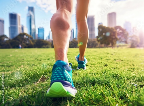 Young woman running in spring on green grass against the backdrop of a big city. Close-up of sneakers. Healthy lifestyle. Morning jogging.