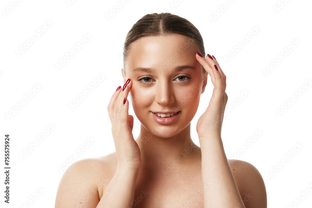 Pleasant young female model with radiant complexion and red nails, softly touching her cheek against white studio background. Concept of natural beauty people, injections, spa procedures, cosmetology. Pleasant young female model with radiant complexion and red nails, softly touching her cheek against white studio background. Concept of natural beauty people, injections, spa procedures, cosmetology.