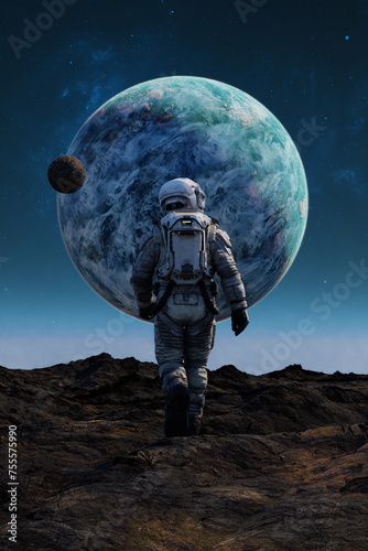 Bild auf Leinwand Astronaut approaches with a colossal planet and its moon dominating the star-sprinkled cosmos
