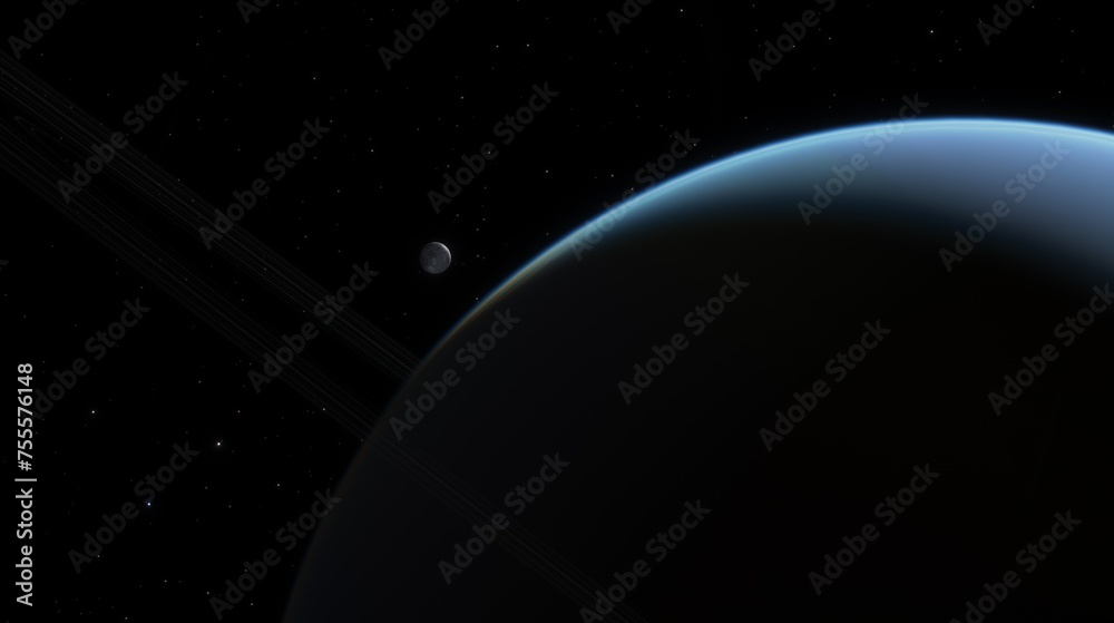 Large planet with a visible atmosphere and ring system. Vast scale and serene isolation of celestial bodies in the endless expanse of space, cosmic landscape. 3d render