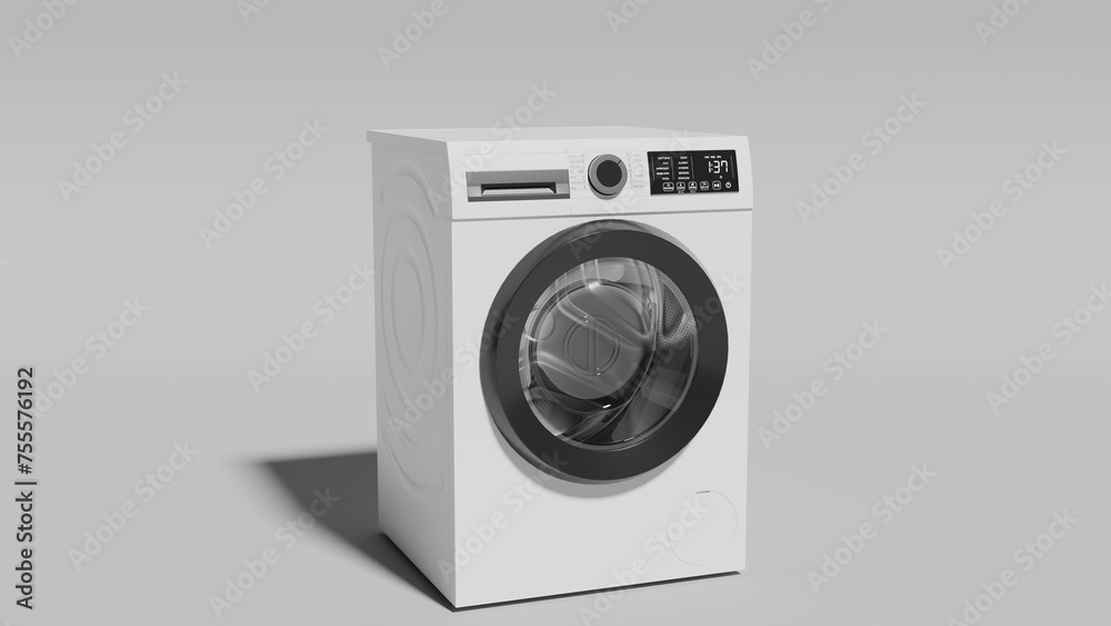 Modern washing machine with digital display, front load, large door, control dial, and sleek design. 3d render Modern washing machine with digital display, front load, large door, control dial, and sleek design. 3d render
