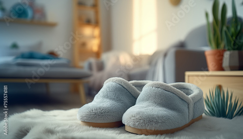 home cozy slippers on the background of the bed.  photo
