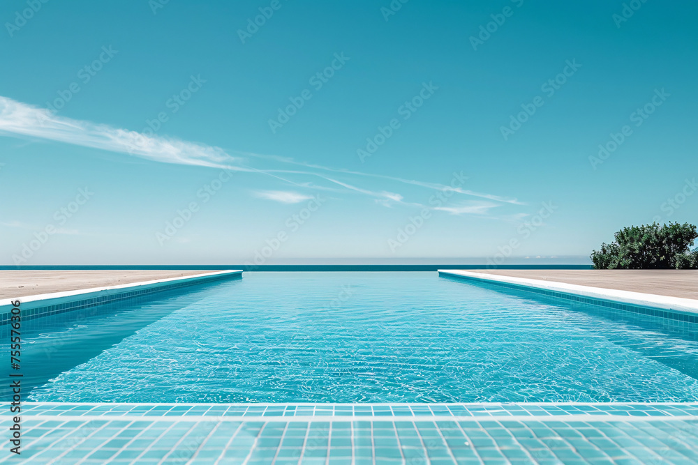 Turquoise infinity pool merging with the sky at the horizon