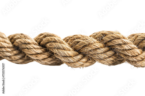 Rope isolated on white background with knot, strong and old texture
