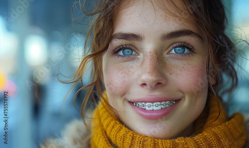 Happy smiling teenager female girl wearing orthodontic braces to straighten teeth wearing winter scarf to dentist dental clinic appointment teen girl confidence self esteem healthcare face portrait  photo