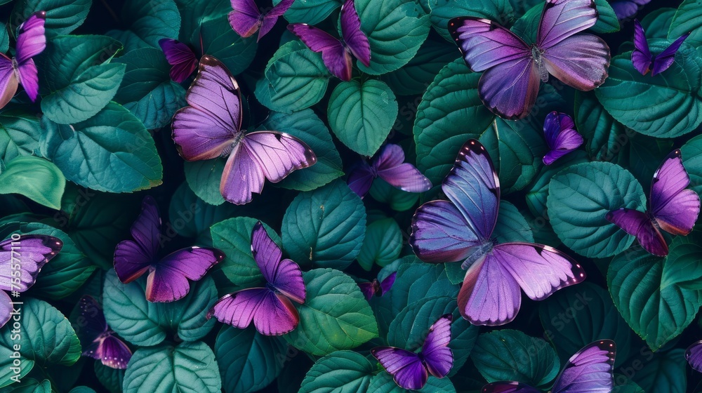 Background with purple butterflies and bright green leaves