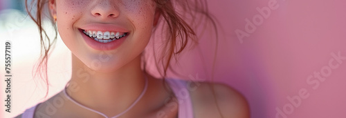 Happy smile teen female girl wearing orthodontic braces straight teeth pink outdoor background dentist dental clinic appointment teenager confidence healthcare face portrait copy blank space concept photo