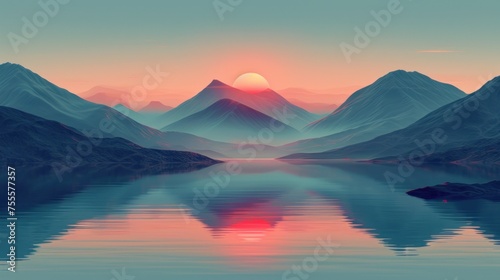 Japanese sunset art. Sunset over a serene lake surrounded by majestic mountains