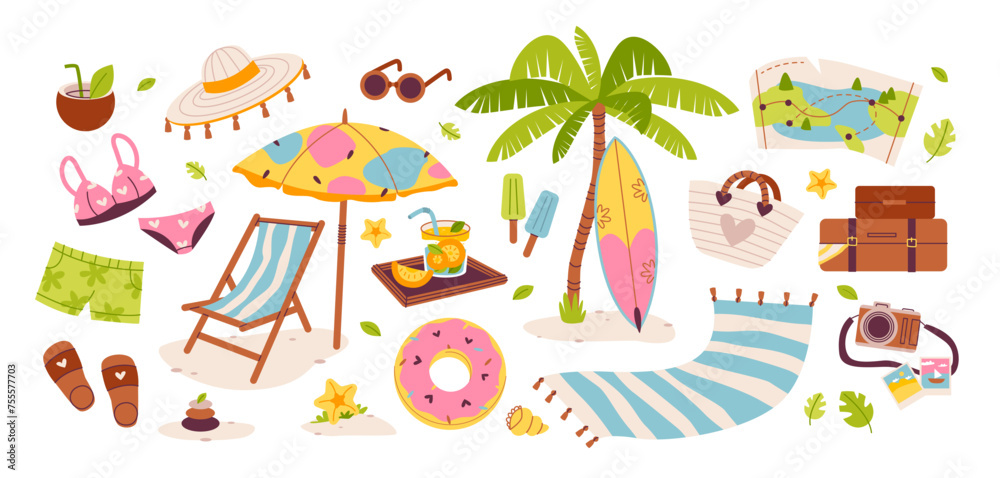 Summer set of cute elements, drawn in a minimalist style. Flat vector illustration. Summertime and beach icons