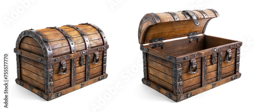 Empty Treasure Chest open and closed. antique wooden box isolated on transparent background.  © jayaZgraphics