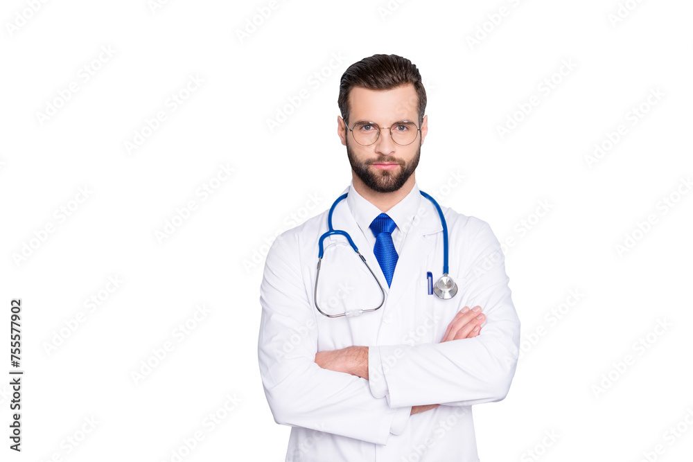 Portrait of attractive stylish doc with stubble in white lab coat, tie and stethoscope on his neck, having his arms crossed, looking at camera, isolated on grey background Portrait of attractive stylish doc with stubble in white lab coat, tie and stethoscope on his neck, having his arms crossed, looking at camera, isolated on grey background