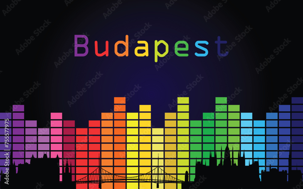 Black panorama of city of Budapest on multi colored music equalizer with multi colored inscription of the name of the city on black background