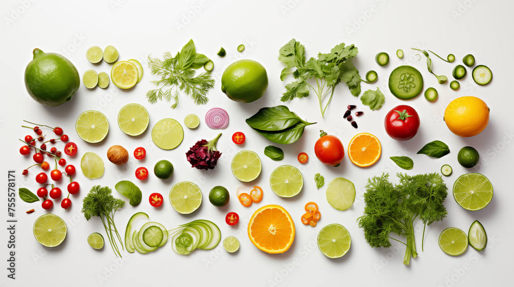 Fruits et légumes disposés sur un fond blanc. Nourriture, sain, santé. Pour conception et création graphique. - obrazy, fototapety, plakaty 