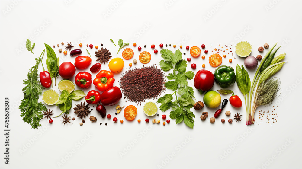 Fruits et légumes disposés sur un fond blanc. Nourriture, sain, santé. Pour conception et création graphique. - obrazy, fototapety, plakaty 