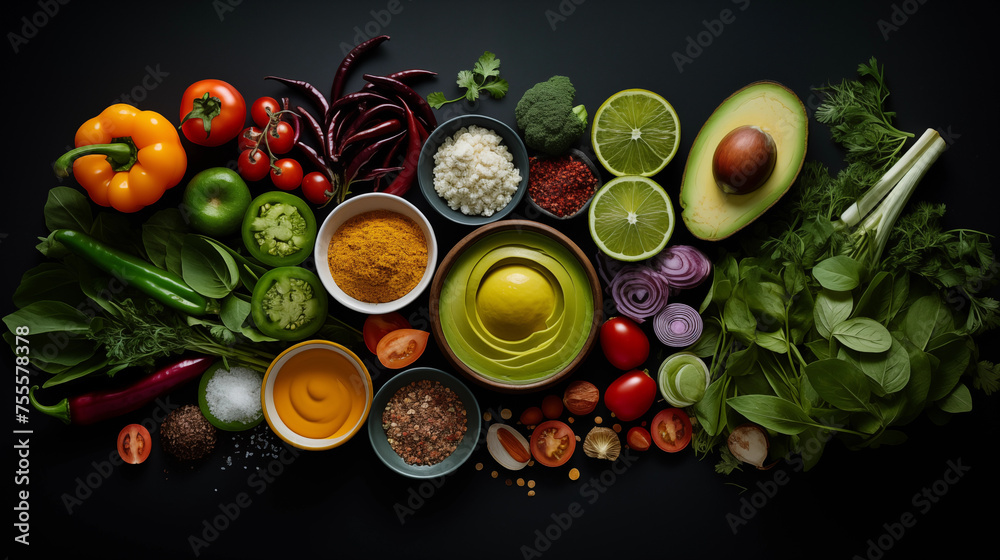 Fruits et légumes disposés sur un fond noir. Nourriture, sain, santé. Pour conception et création graphique. - obrazy, fototapety, plakaty 