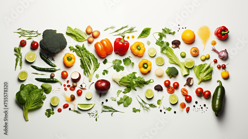 Fruits et légumes disposés sur un fond blanc. Nourriture, sain, santé. Pour conception et création graphique.