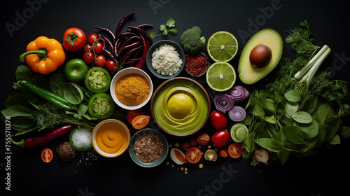 Fruits et légumes disposés sur un fond noir. Nourriture, sain, santé. Pour conception et création graphique.
