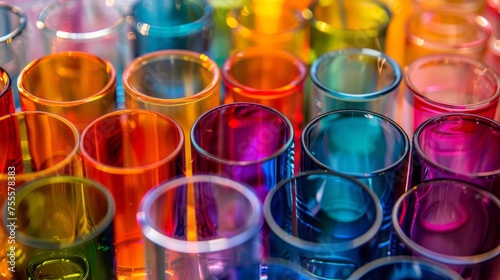 A group of different colored glasses stacked on top of each other, creating a vibrant and decorative display. The glasses appear to be neatly arranged and showcase a variety of hues and shapes