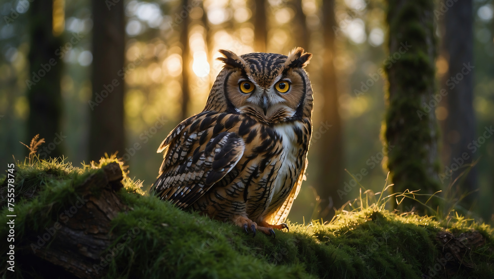 Eule im Gegenlicht der untergehenden Sonne im grünen Wald Eule im Gegenlicht der untergehenden Sonne im grünen Wald