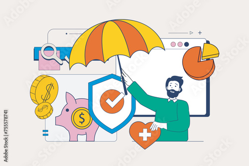 Insurance concept in flat neo brutalism design for web. Property, healthcare and financial protection, umbrella coverage service. Vector illustration for social media banner, marketing material.