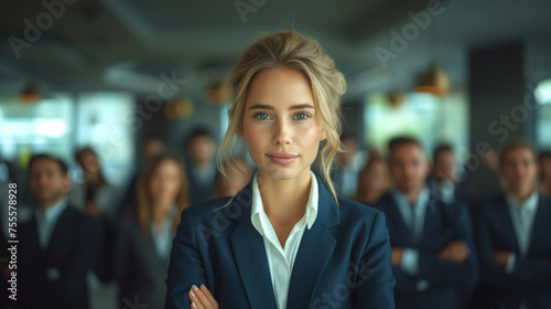 young blonde manager businesswoman in front of team