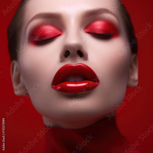Bold red makeup on model s full lips