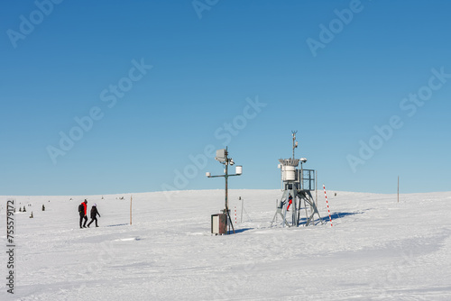 Meteorological weather station, wind meter in front of Meadow Hut, krkonose mountains, winter morning.