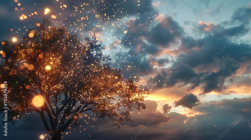 A tree filled with glowing fairy lights stands out against the backdrop of a cloudy sky. The lights create a mesmerizing display as darkness sets in, casting a enchanting glow